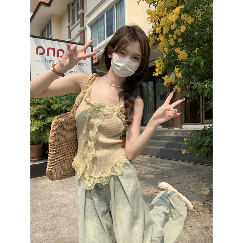 Summer New Design Lace Splicing Sleeveless Vest Suspender Women's Summer Pure Desire Slimming Versatile Short Style