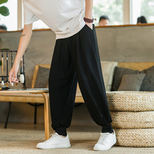 中国风棉麻裤子男宽松大码阔腿裤春季潮流大裆裤胖子束脚休闲长裤