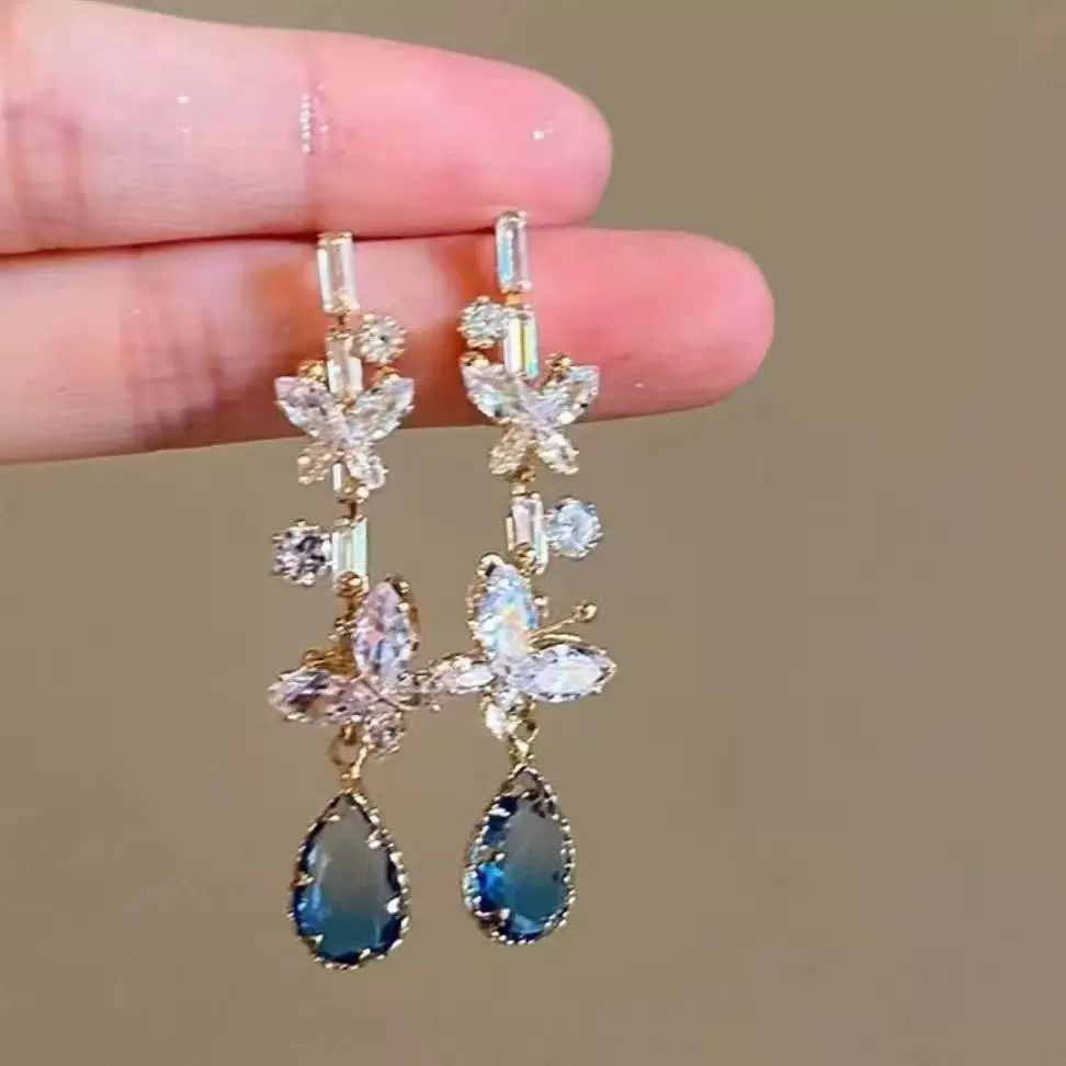 甜美锆石蝴蝶水滴流苏耳钉时尚小众设计精致优雅百搭高级感耳饰女