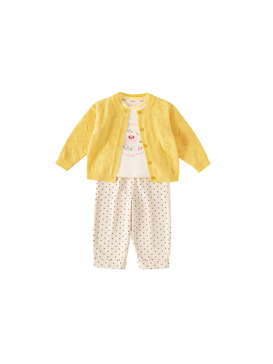 Youbao Huzhou tejido ropa infantil niñas set de aire extranjero para niños 2026 primavera y otoño niñas suéter de punto de bebé set de tres piezas