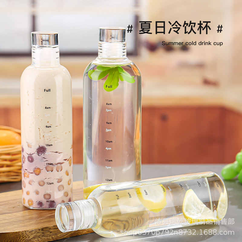 批发耐热防爆玻璃杯 时尚ins风时间刻度学生水杯便携冷饮柠檬杯