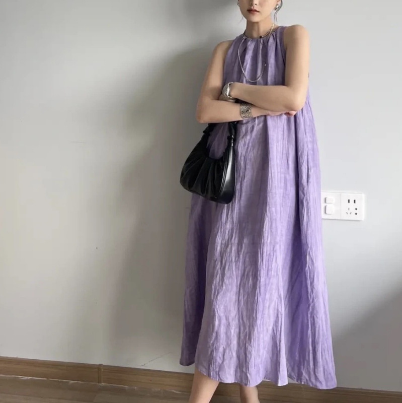 Stand-up Craft Linen Vest Dress Sleeveless Mid-length Dress Women's Summer