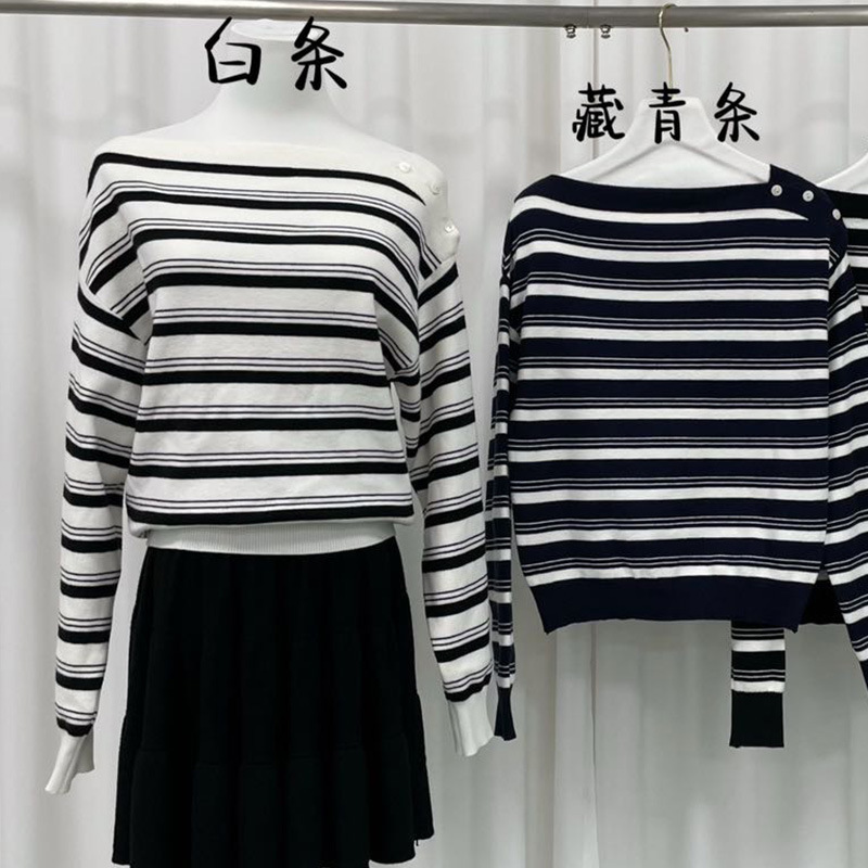 法式条纹一字领露肩长袖女气质高级感早秋穿搭小香风短款毛针织衫|undefined