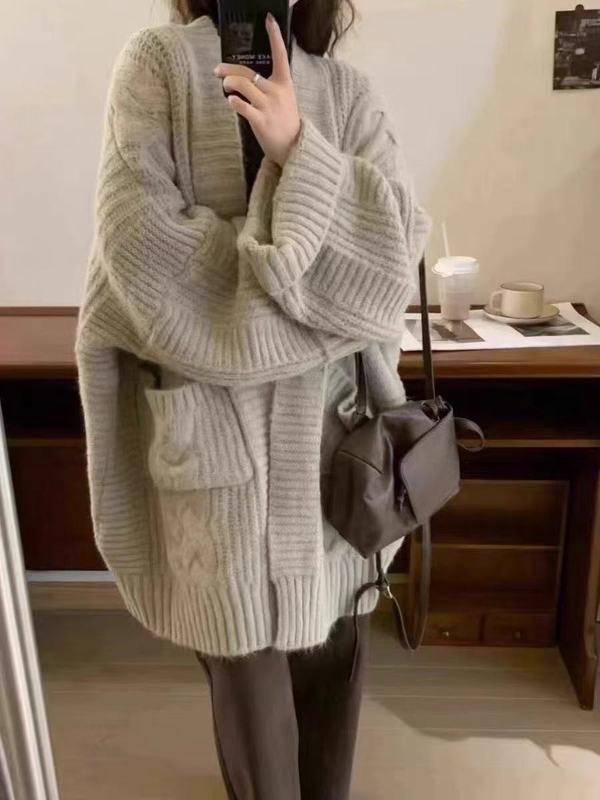 韩系毛衣慵懒风2025宽松针织衫开衫女外套中长款加厚秋冬款外搭|undefined