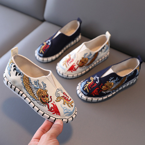 Boys Hanfu shoes Old Beijing cloth embroidered gold dragon shoes for kids Chinese style folk costume shoes prince emperor cosplay shoes for boy