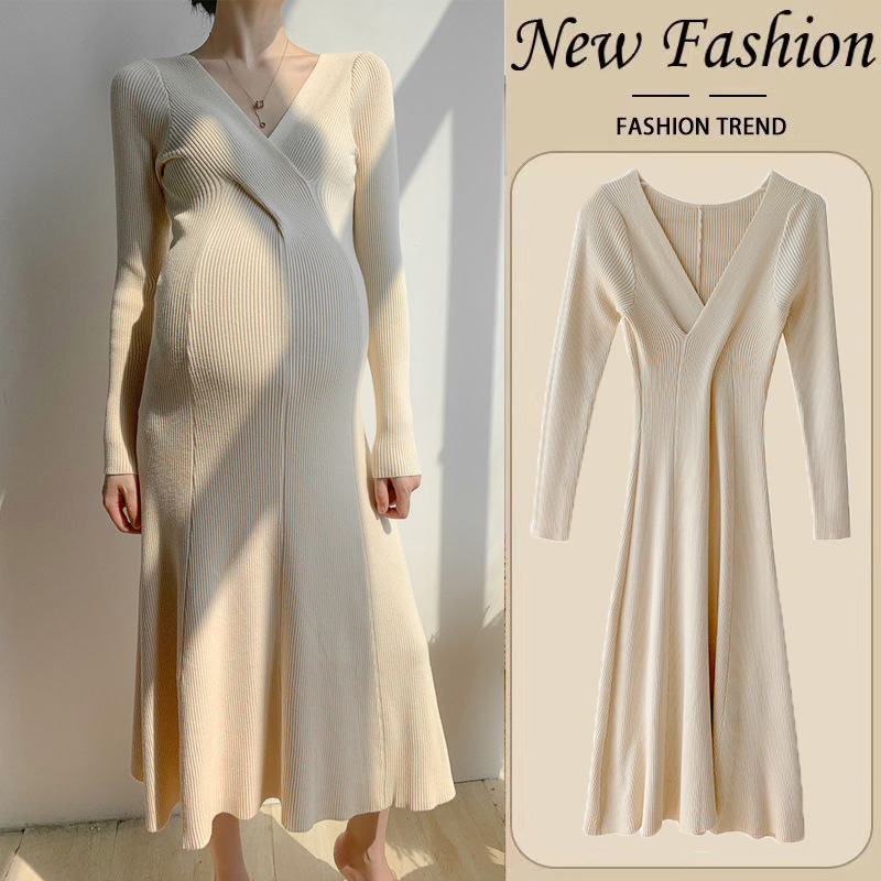 Core-Spun Yarn Maternity Dress Pregnant Women Sweater Knitted Maternity Dress Nursing Dress