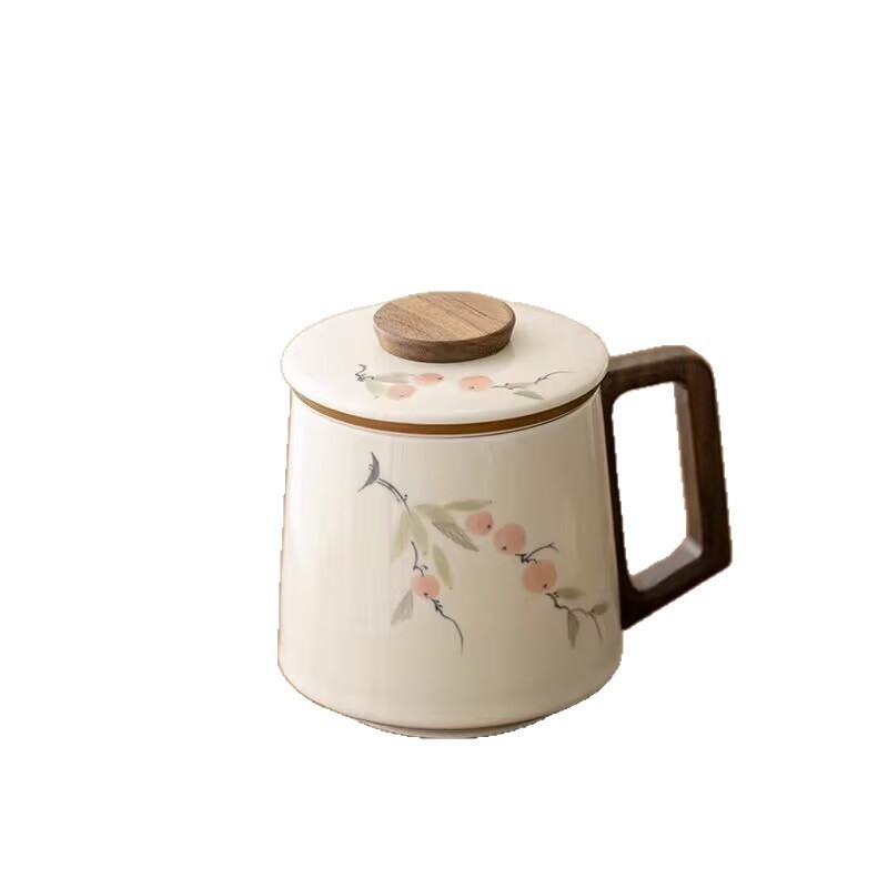 草灰手描きマグカップ蓋付きセラミックウォーターカップティーカップハイエンド茶水分離オフィスカップティーカップギフト|undefined