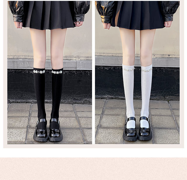 Melnas rudens vidus un ziemas sieviešu kokvilnas pērļu tievējošas baltās garās caurulītes, jaukas interneta slavenību modernas teļa zeķes_voghion.com