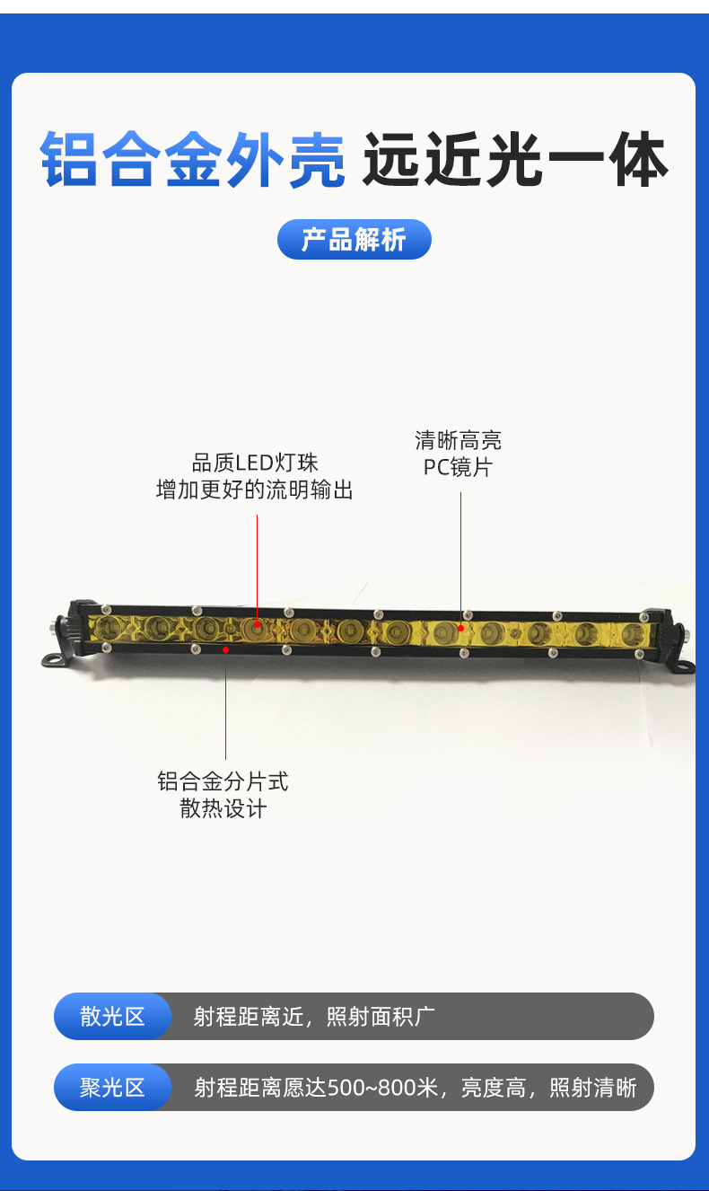Ultra-Thin Car Spotlight Small Single Row Led Strip Light 18W Strip Roof Light Off-Road Vehicle Modified Headlight Grille Light