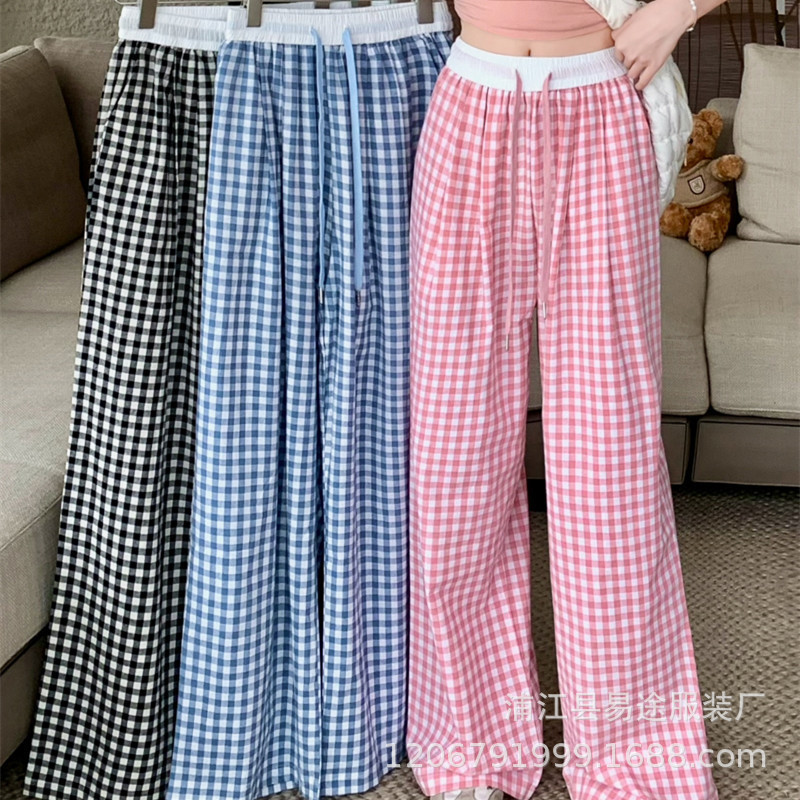 Summer New Women Yamamoto Cotton Yarn Big Leg Straight Leg Pants Plaid Casual Mom Pants Loose Wide Leg Pajama Pants for Outer Wear