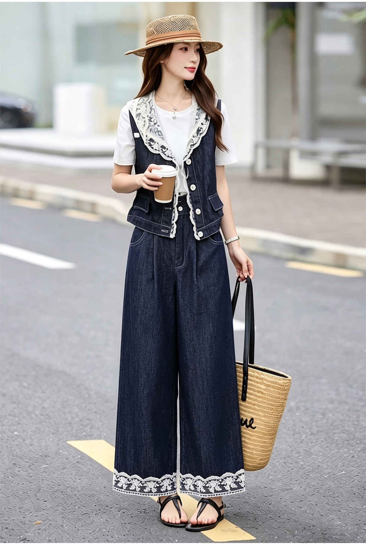 Bộ ba mảnh denim mùa hè 2026: áo khoác không tay mũ liền ren + áo thun + quần ống suông — Màu ảnh chi tiết 14