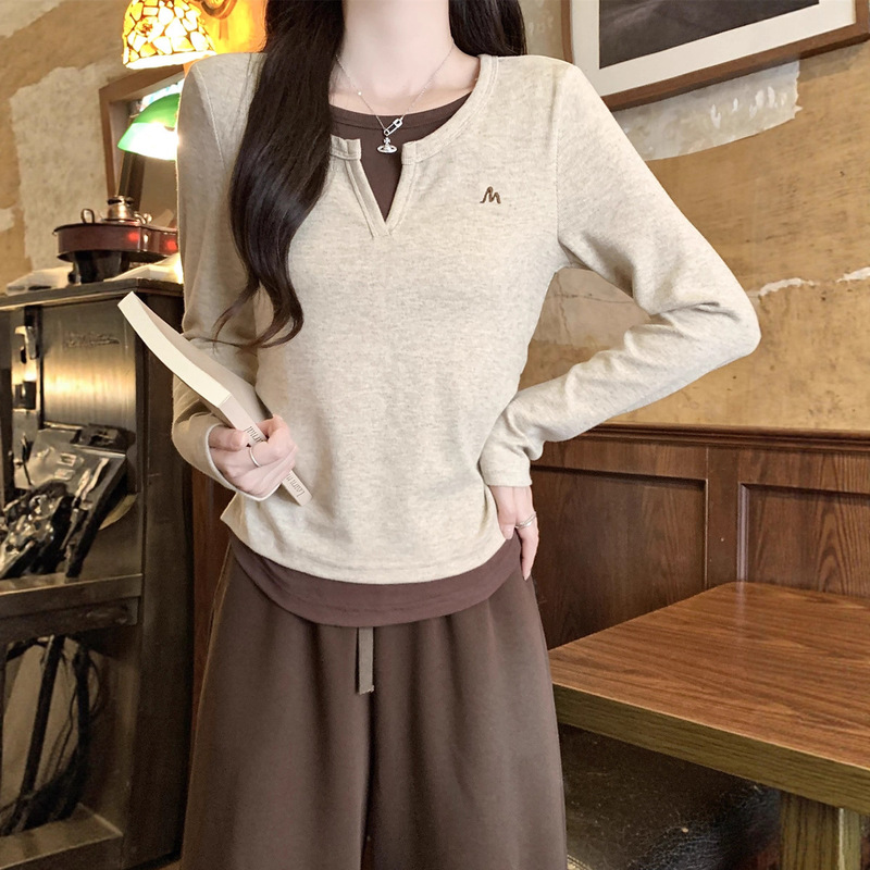 Inner Fake Two-Piece Long-Sleeved T-Shirt for Women 2025 Autumn and Winter New Style High-Bottom Slim Fit Top That Can Be Worn Outside