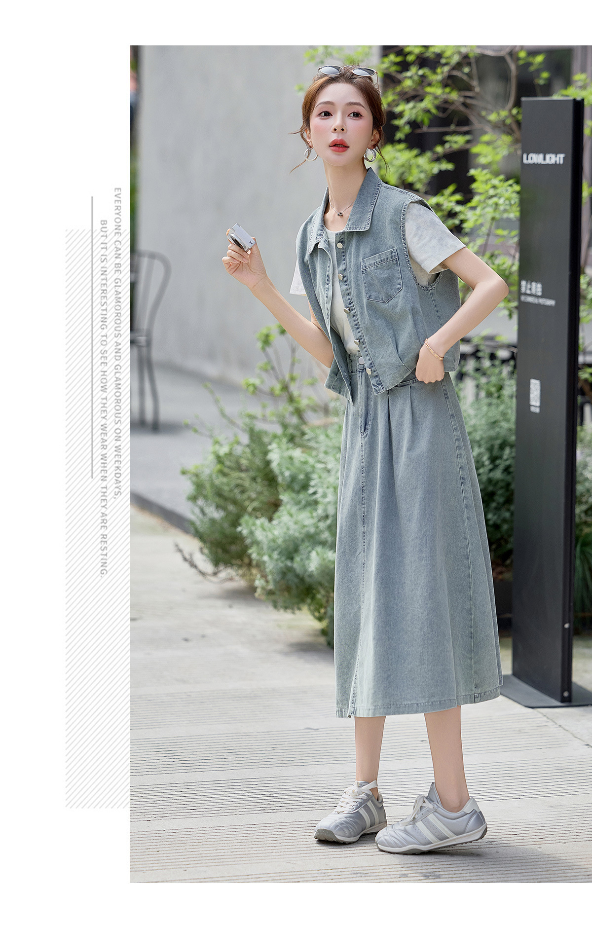 Bộ ba món thời trang nữ hè 2026: áo thun + áo khoác vest denim + chân váy midi — màu xanh nhạt, màu xanh đậm chi tiết 17