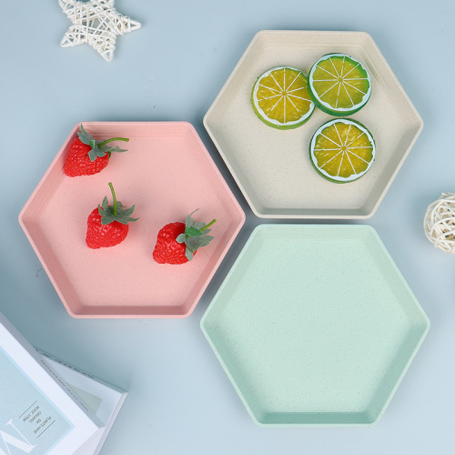 Wholesale wheat straw hexagonal boneless dessert plate home creative fruit plate dessert plate dinner plate snack plate from the manufacturer