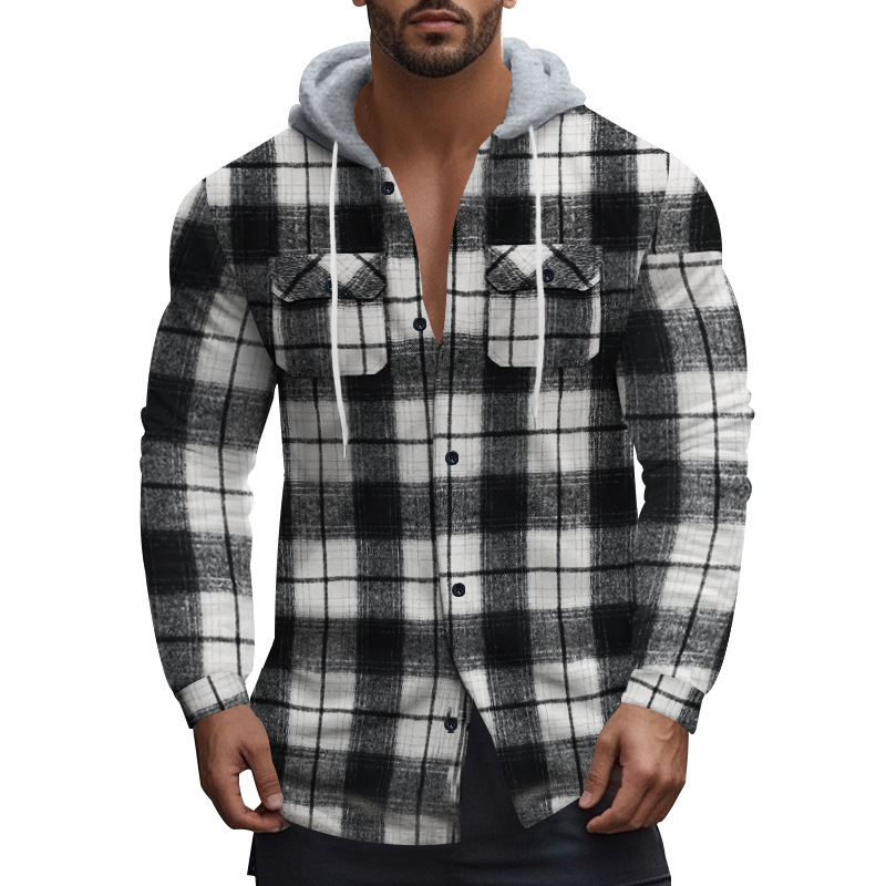 Cross-border American Retro Plaid Shirt Men's Autumn and Winter Hooded Flannel Jacquard Shirt Amazon Casual Jacket Men