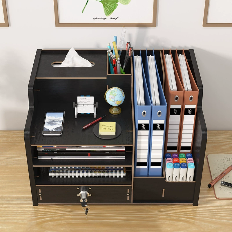 Desktop Storage Box with Lock Drawer — Multi‑Compartment Office Organizer, Wood Finish