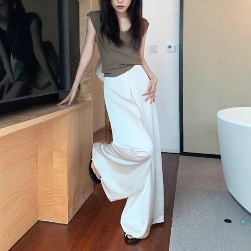 Elegant acetate pure color silky satin drop-waist relaxed wide-leg pants for summer 2025, high-waisted floor-length trousers