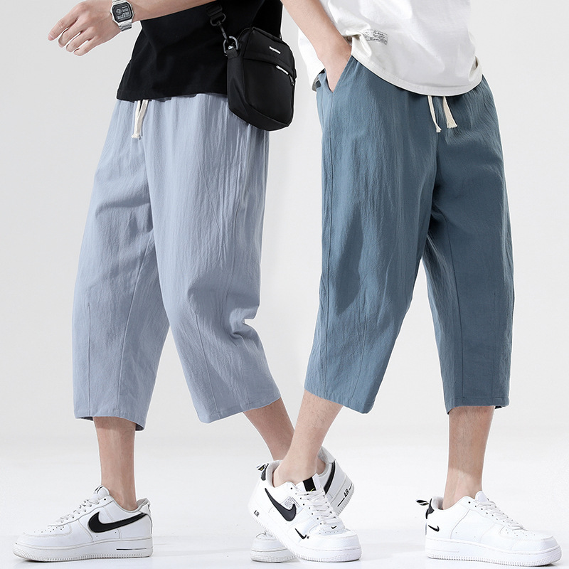 Summer New Japanese Style Casual Pants Men's Solid Color Cotton Linen Loose Linen Pants Korean Style Trendy Straight Cropped Pants