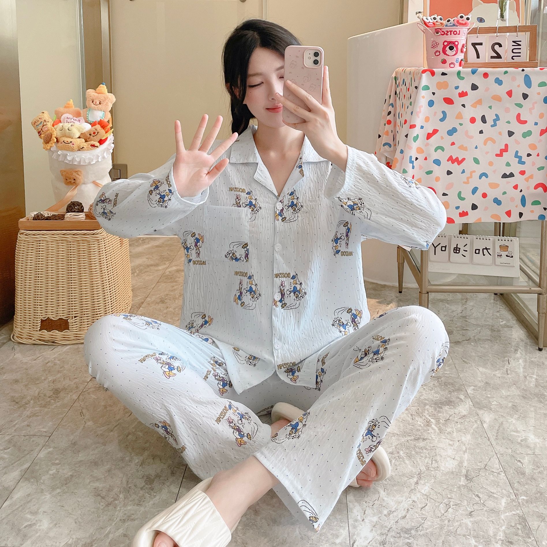 外国貿易クロスボーダー卸売クラウドコットン長袖ズボン 120 グラムパジャマ女性のための Xiaoxin 外で着用できるラペルカーディガンホーム服