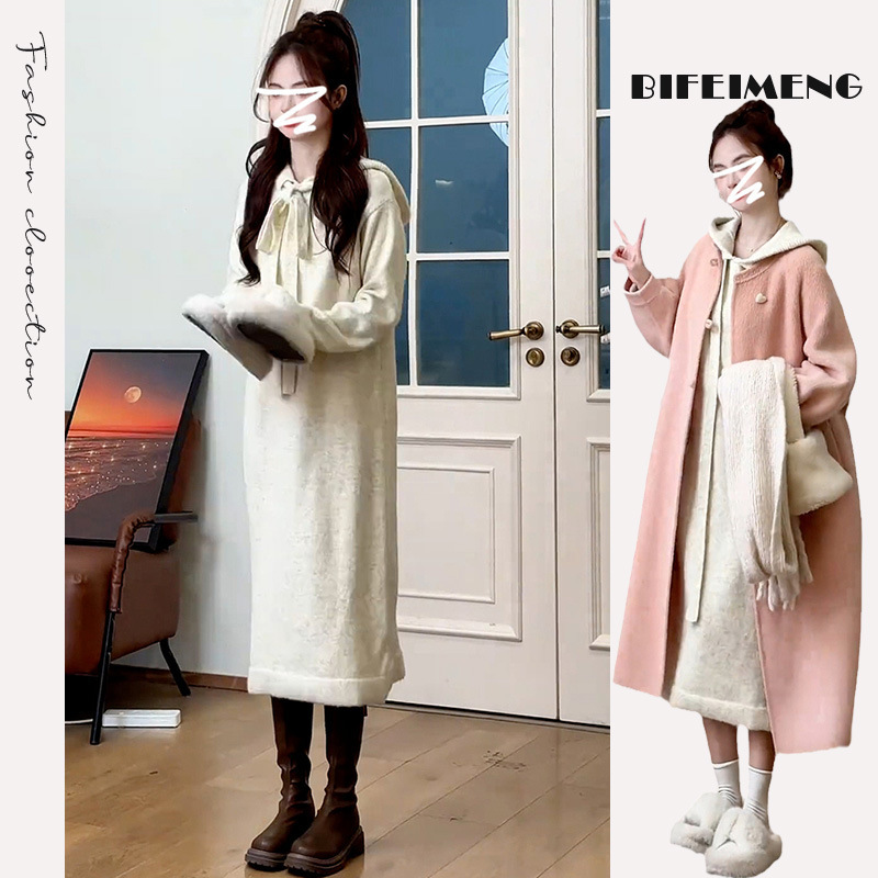 French Knitted Hooded Dress for Women in Autumn and Winter 2025 New Style Petite High-End New Year Long Skirt