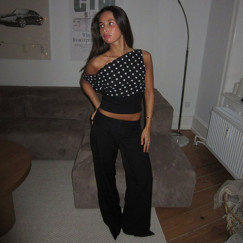 Haut d'été pour femmes, style rétro, doux, pois, sexy, asymétrique, épaule dénudée, taille courte 13 O1CN01bHCXW52JpmBoka2wx !!2218239519471 0 cib