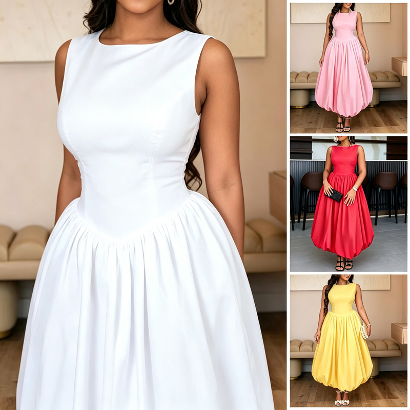 2026 Spring and Autumn Boat Neck Sleeveless Dress European and American High Waist Floral Flare Solid Color Gown Cross-Border Women's Clothing Wholesale