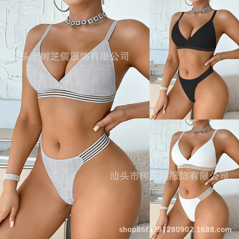 Cross-Border European and American Push-Up Thin French Triangle Cup Sling No Rims Underwear Thong Comfortable Underwear Set