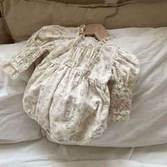 2024 Autumn New Korean Children's Clothing Baby Lace Edge Floral Print Long Sleeve Pajama Set for Girls Baby Crawling Suit