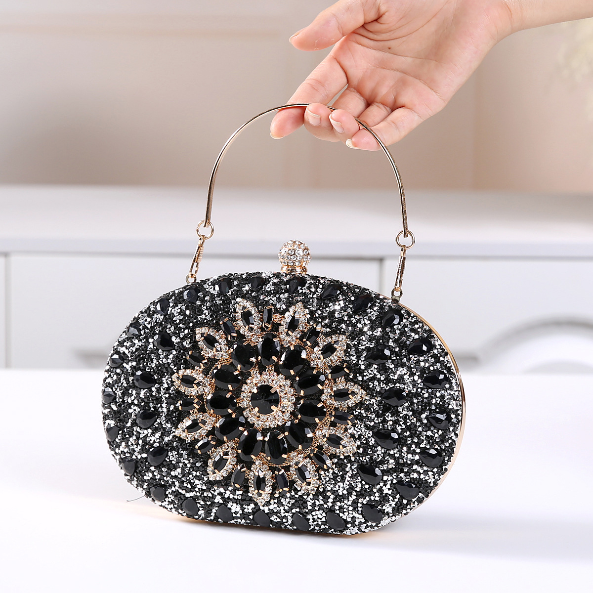 337g Weight Polyester Lining Material Lock clasp Closure Type Top Handle Strap Type Evening Bag Bags Type Party Occasion Pu Leather Material Printing Pattern All Seasons Season Women's Gender Diamond Design Elegant Style Oval Shape Small Size Pu Leather Printing Oval Evening Bags 2