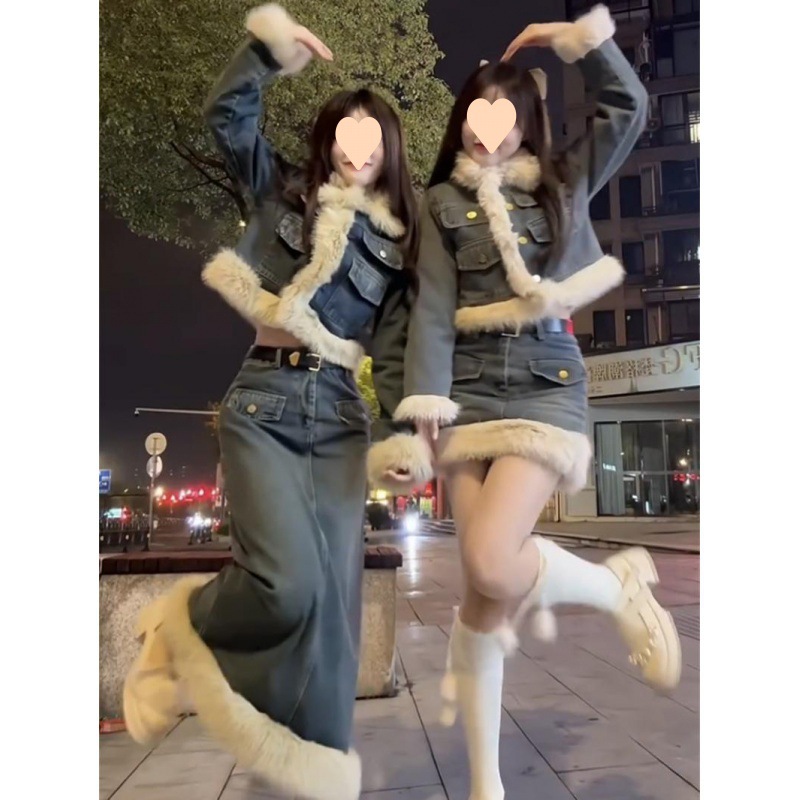 Internet celebrity winter high-end fashion suit design sense long-sleeved denim spliced short thickened jacket skirt two-piece set
