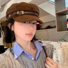 英伦风皮带扣平顶贝雷帽女时尚文艺复古百搭大头围显脸小画家帽子