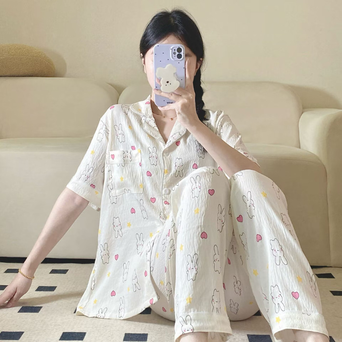 Verano nuevo pijama de amor mujer adorable oso simple ocio delgado nubes algodón ropa doméstica dos piezas conjunto al por mayor