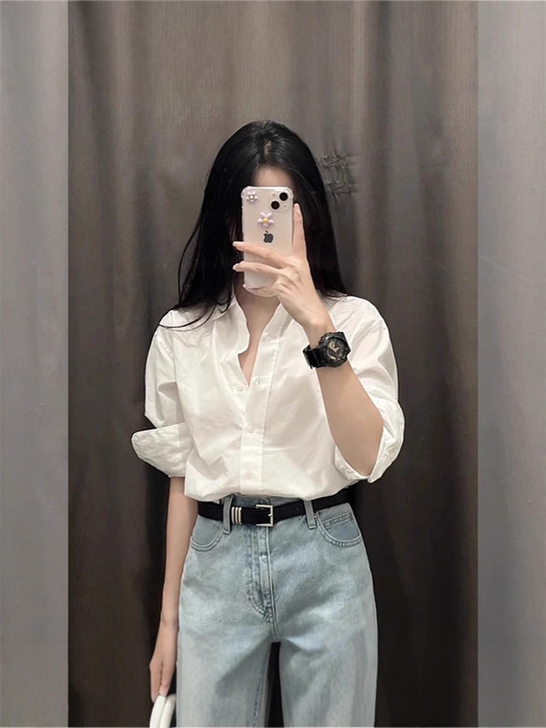 法式感白色衬衫女2025秋季新款棉衬衣设计感韩系穿搭上衣|undefined