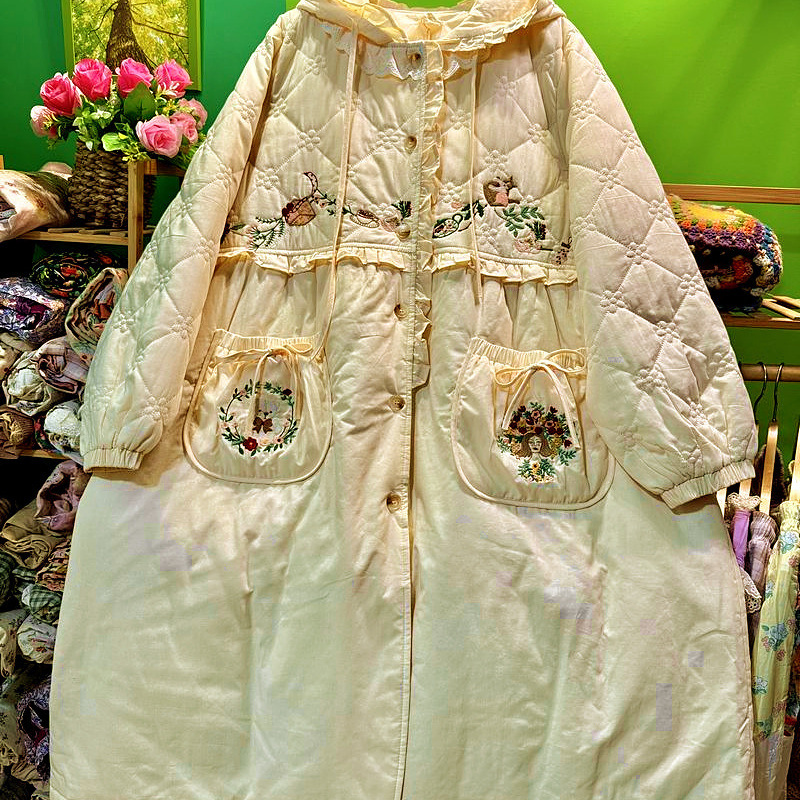 Hooded Long Cotton Coat/2025 Winter Single-Breasted Embroidered Loose Plus-Size Long-Sleeve Pocket Women's Jacket