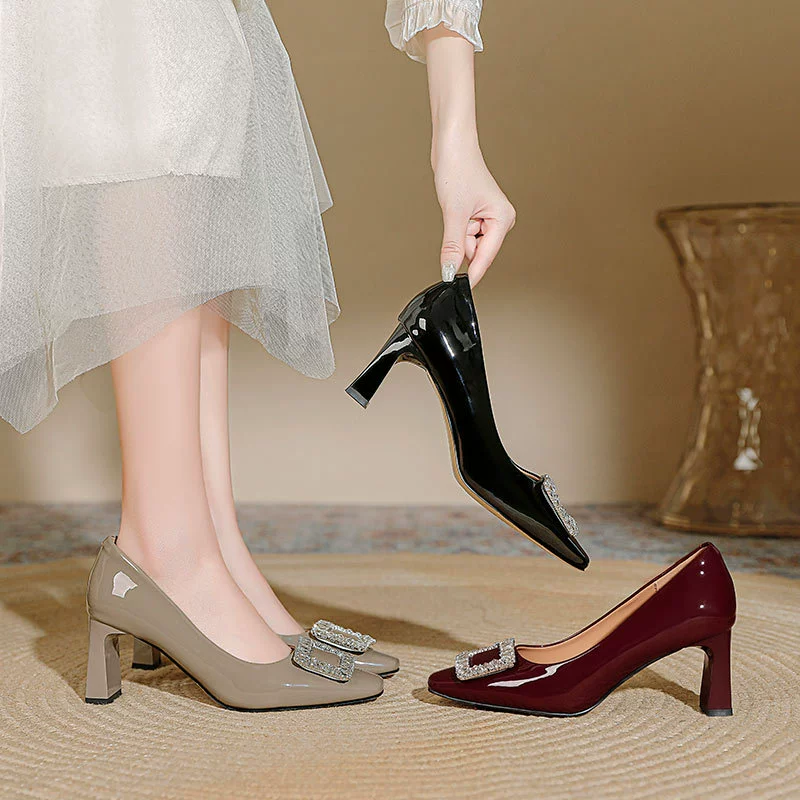 Квадратные туфли на высоком каблуке 7 см, сексуальные красные свадебные туфли, новинка весны 2025 года, французский дизайн, квадратная пряжка с кристаллами, массивный каблук-платформа.
