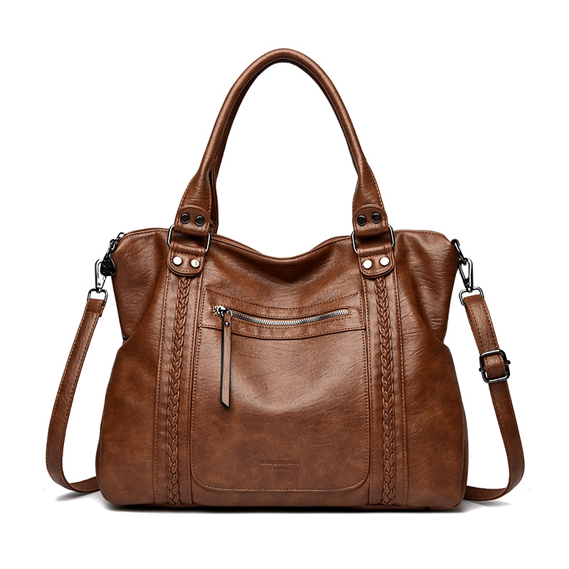 Genuine Leather Women's Handbag New Retro Motorcycle Bag Large Capacity Tote Mom Bag Shoulder Crossbody Bag - Thumbnail 5