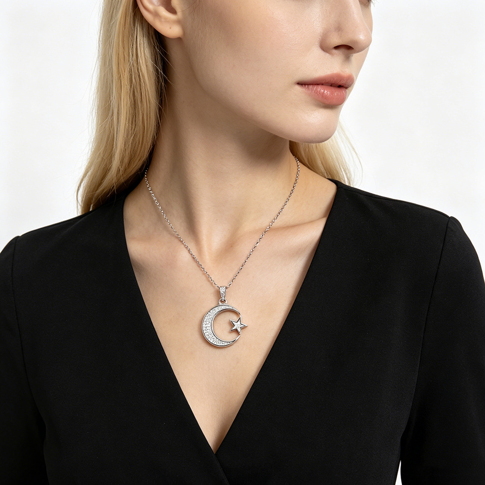 Transfronterizos Amazon plata 925 plata esterlina collar de estrella de luna de moda de verano ligera lujosa alta sensación colgante cadena clavícula