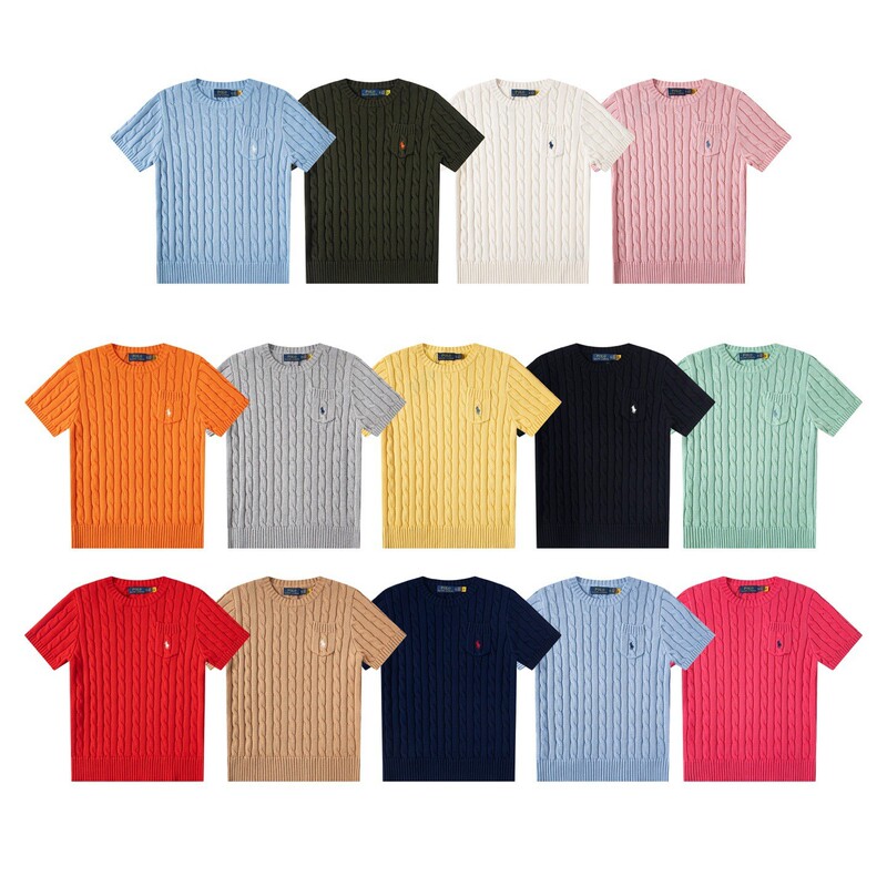 [High Version] Rl Laff Pony Classic Four Seasons Round Neck Solid Color Pony Embroidered Pocket Knitted Short Sleeves