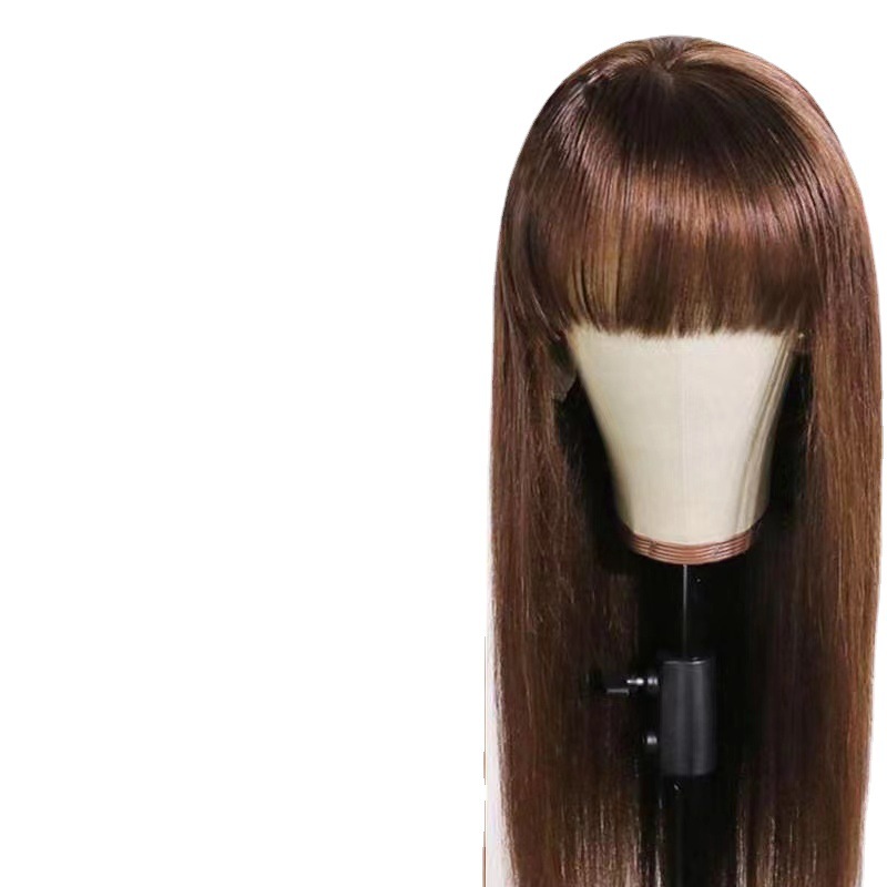 Perruque Synthétique Femme Droite À La Mode Fibre Synthétique Couvre-Tête Avec Frange Noire Cheveux Longs_voghion.com