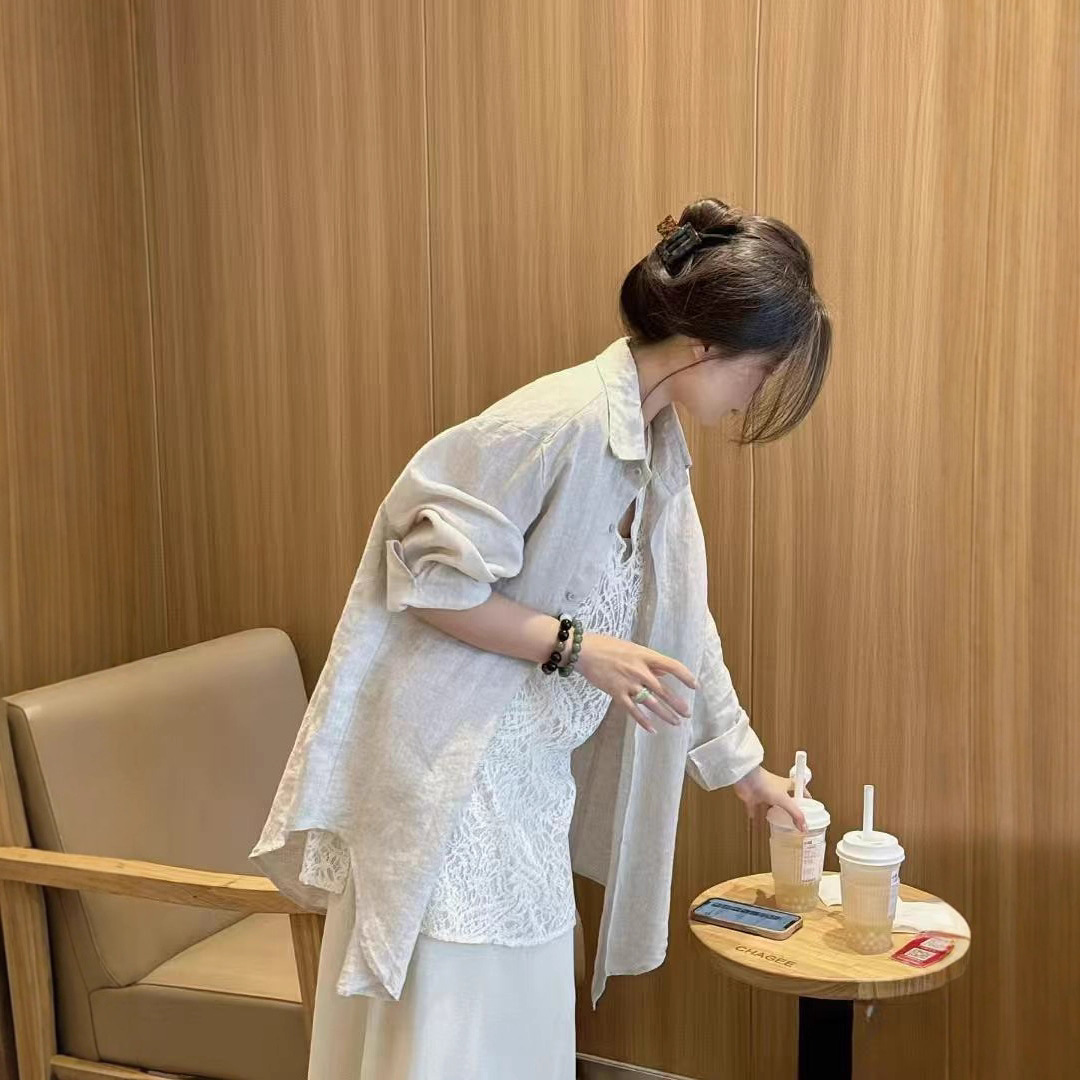 2025早秋高级感简约百搭肌理亚麻防晒衬衫宽松慵懒薄款衬衣外套女
