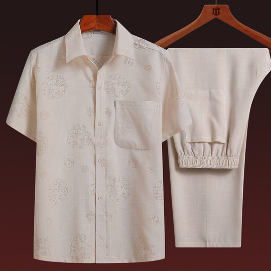 Men's Short-sleeved Linen Top Thin Loose Middle-aged and Elderly Cotton and Linen Shirt Dad's Summer Clothes Grandpa Old Man Shirt