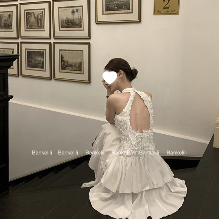[in Stock] Chestnut Cocoa'Waltz Ball' Halter Neck Waist-Cinching Backless Princess Layered Dress for Spring and Summer