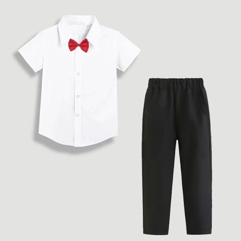 Short-sleeved suit + red bow tie