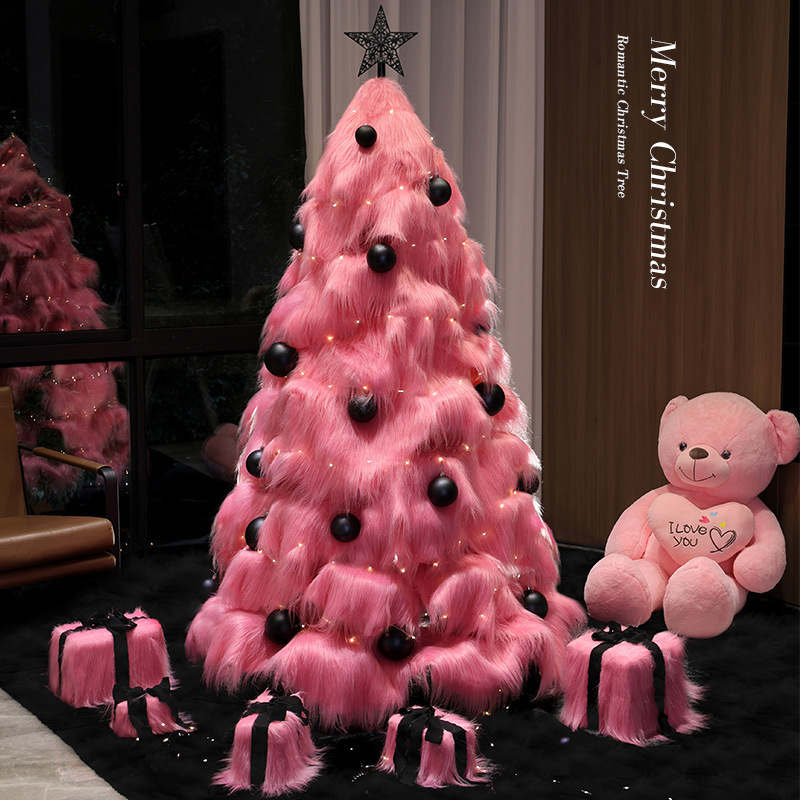 Plumilla rosa gran árbol de Navidad con paquetes de luz árbol de Navidad artificial árbol de Navidad decoración de fundición plegable hecha a mano