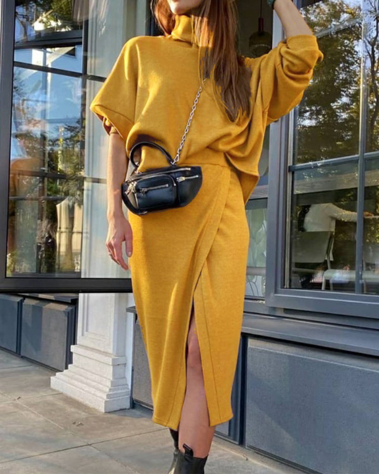 loose turtle neck long sleeve top and slit skirt two-piece set NSYHC136166