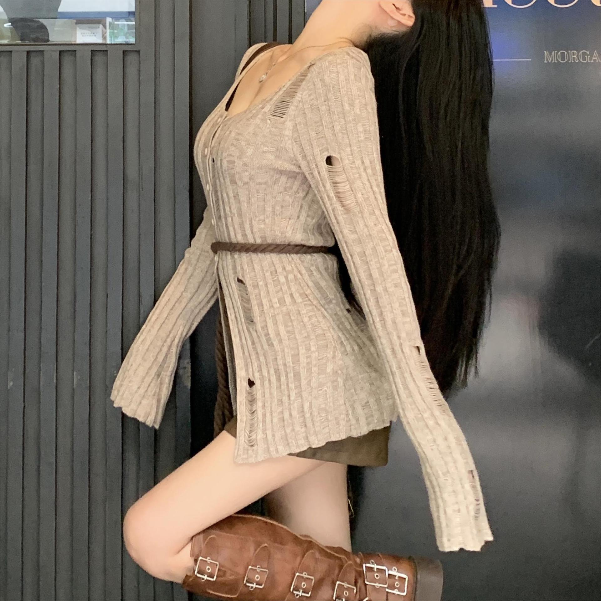 2024秋季新款大朗针织衫镂空U领长袖针织开衫辣妹纯欲风女装上衣-阿里巴巴