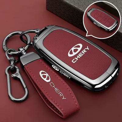 25 Tiggo 8Pro Key Covers: Car key bag - leather-texture-chery-a-model-4-button-key-fob-red-short-lanyard-clasp