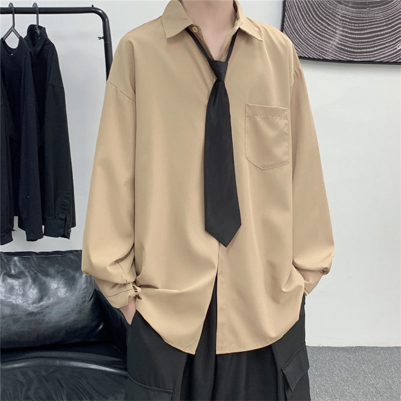 Solid Color Shirt with Tie Spring and Autumn New Hong Kong Style Retro All-match Long-sleeved Shirt Men's and Women's Loose Casual Top Trendy