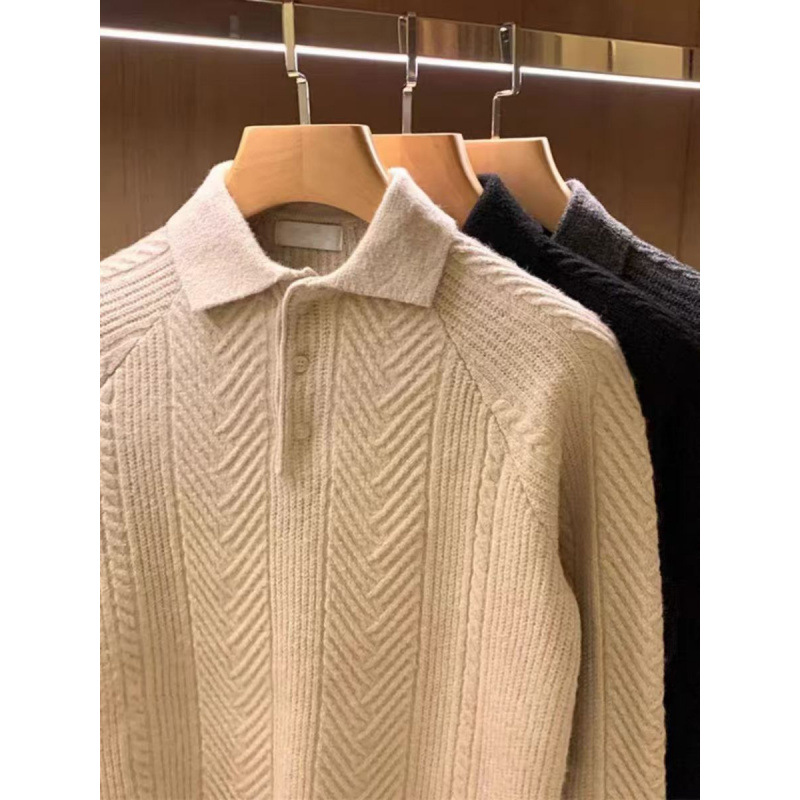 Herrenbekleidung Retro Minimalistischer Jacquard Textur Revers Pullover Top Einfarbig Schmaler Pullover für Herren_voghion.com