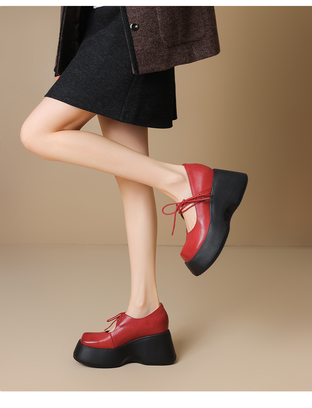 Giày Mary Jane nữ đế dày 10 cm mũi tròn phong cách Anh quốc da thật — màu đen chi tiết 3